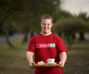 Young adult wearing red Spar t-shirt
